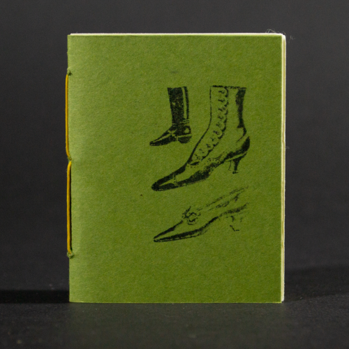 Three women's vintage shoes grace the green front cover of this mini pamphlet book