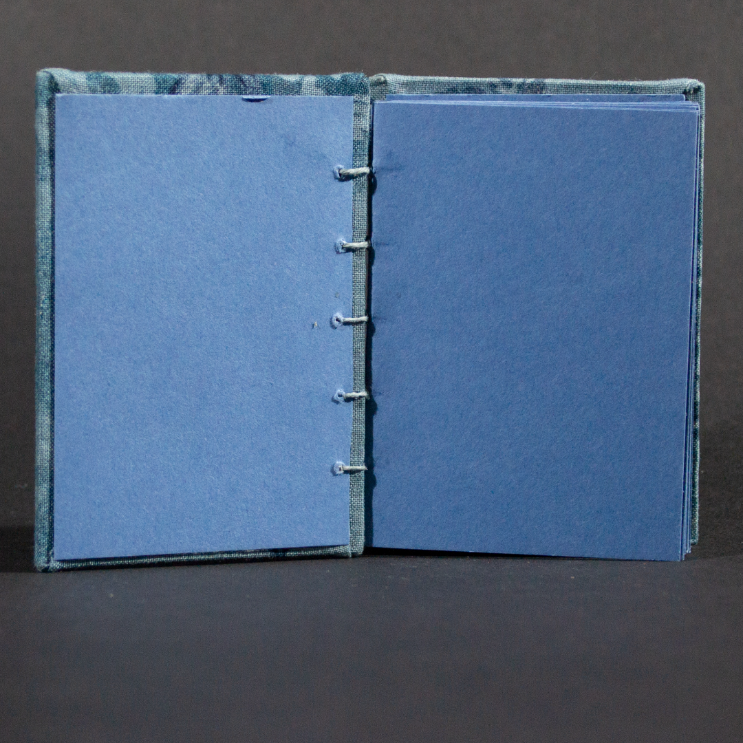 Insides pages of vintage blue floral mini Coptic book with blue cardstock pages and matching end pages