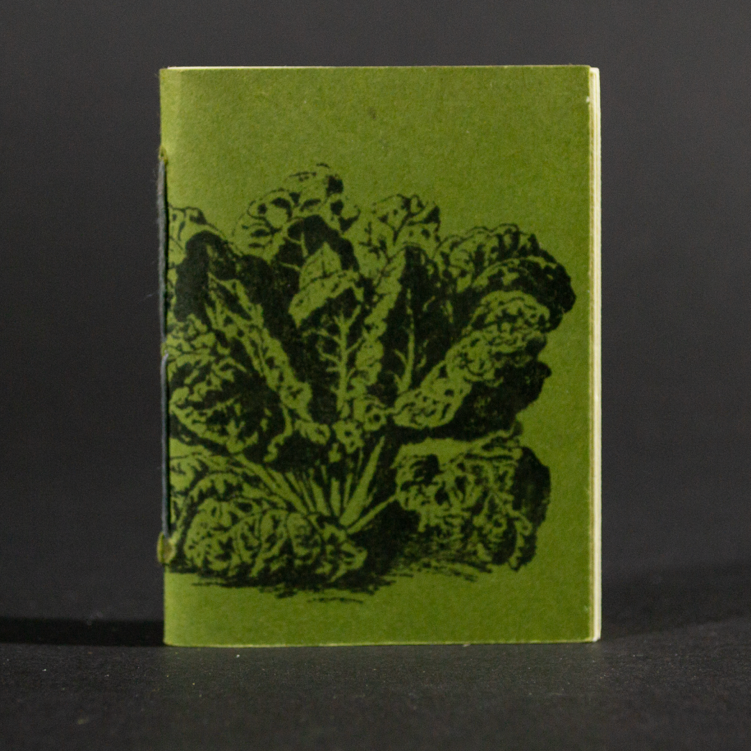 A head of lettuce is transferred to the green front cover of this mini pamphlet book