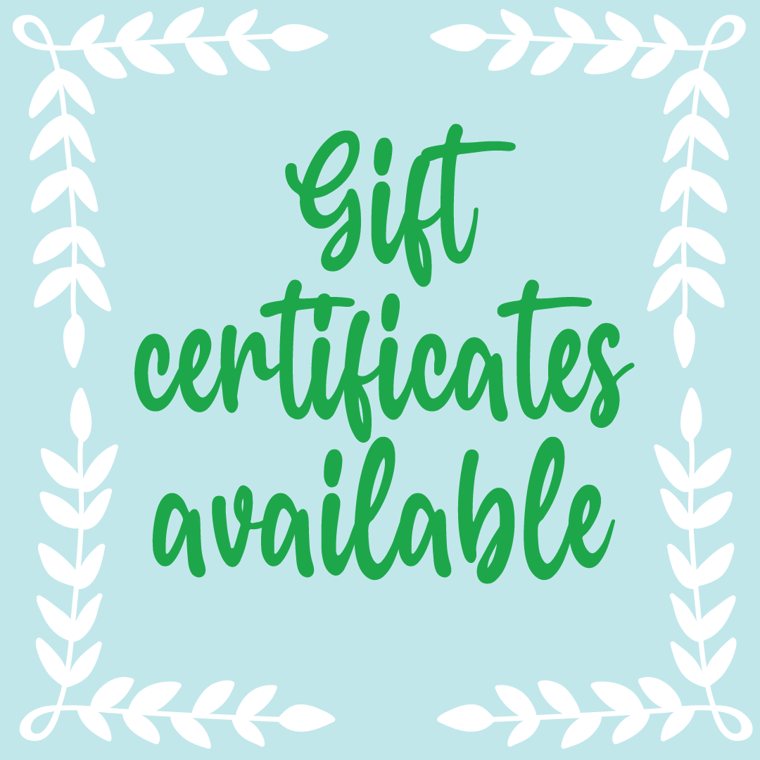 A blue background with white leaves in each corner and green text in the center that says "gift certificates available".