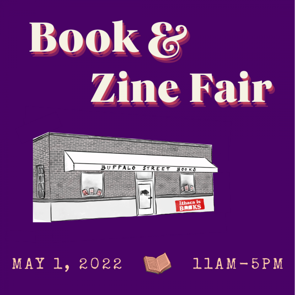 A purple background with an illustration of Buffalo Street Books – a building with an awning – the text says Book & Zine Fair May 1, 2022 11AM – 5PM