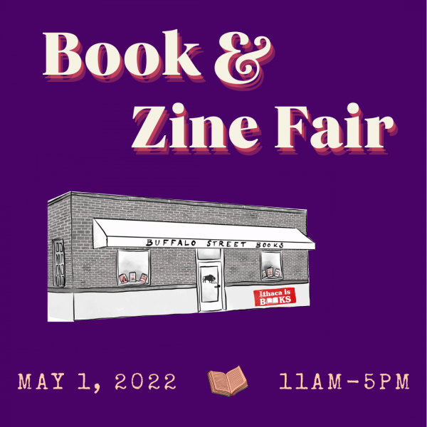 A purple background with an illustration of Buffalo Street Books – a building with an awning – the text says Book & Zine Fair May 1, 2022 11AM – 5PM