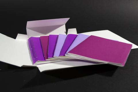 Eight easy softcover books covered in purple papers and fanned out on top of a softcover case.